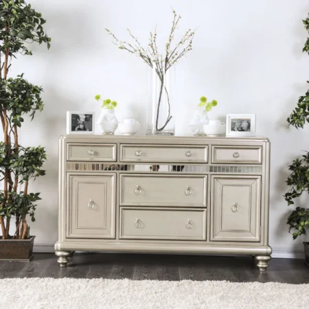 Transitional Server with Mirror Panel Inserts and Storage