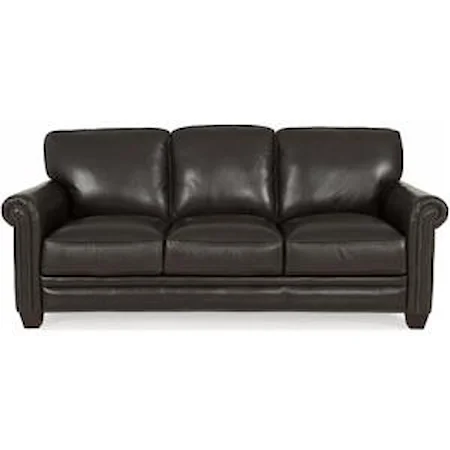 Stationary Sofa with Rolled Arms, Nailhead Accent and Exposed Wooden Feet