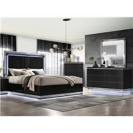 Dresser, Mirror and Complete 3 Pc Queen Bed with LED Lights