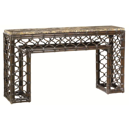 Narrow Stone Top Sofa Table with Vine Lattice Design