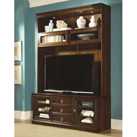 Entertainment Console and Hutch with Sliding Glass Doors and Built-In Lights