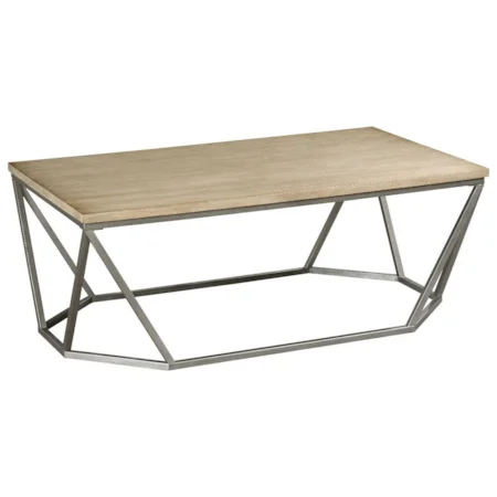 Wood and Metal Rectangular Cocktail Table with Geometric Modern Base