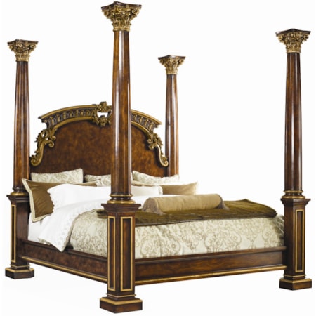 King Poster Bed with Detailed Headboard & Columns