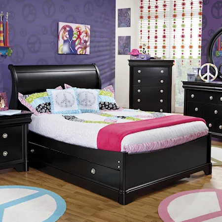 Black Full Sleigh Bed with Trundle Unit