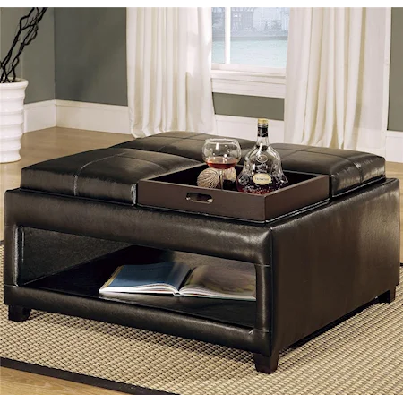 Contemporary Faux Leather Cocktail Ottoman With Tray Tops