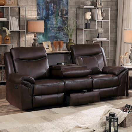 Casual Reclining Sofa with Drop-Down Cupholders and Concealed Drawer