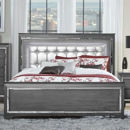 Glam Queen Panel Bed with Upholstered LED Light Headboard