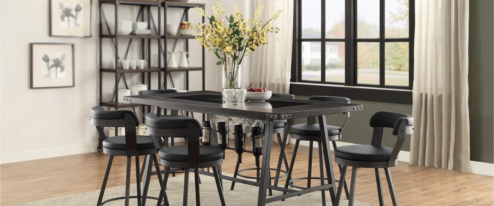 Industrial 7 Piece Dining Set with Built In Wine Rack