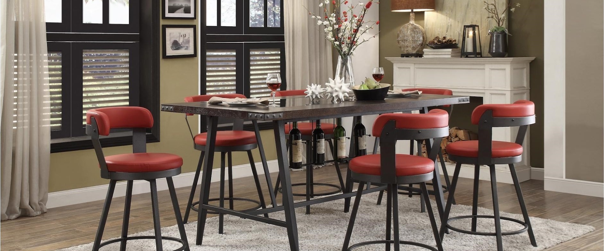 Industrial 7 Piece Dining Set with Built In Wine Rack