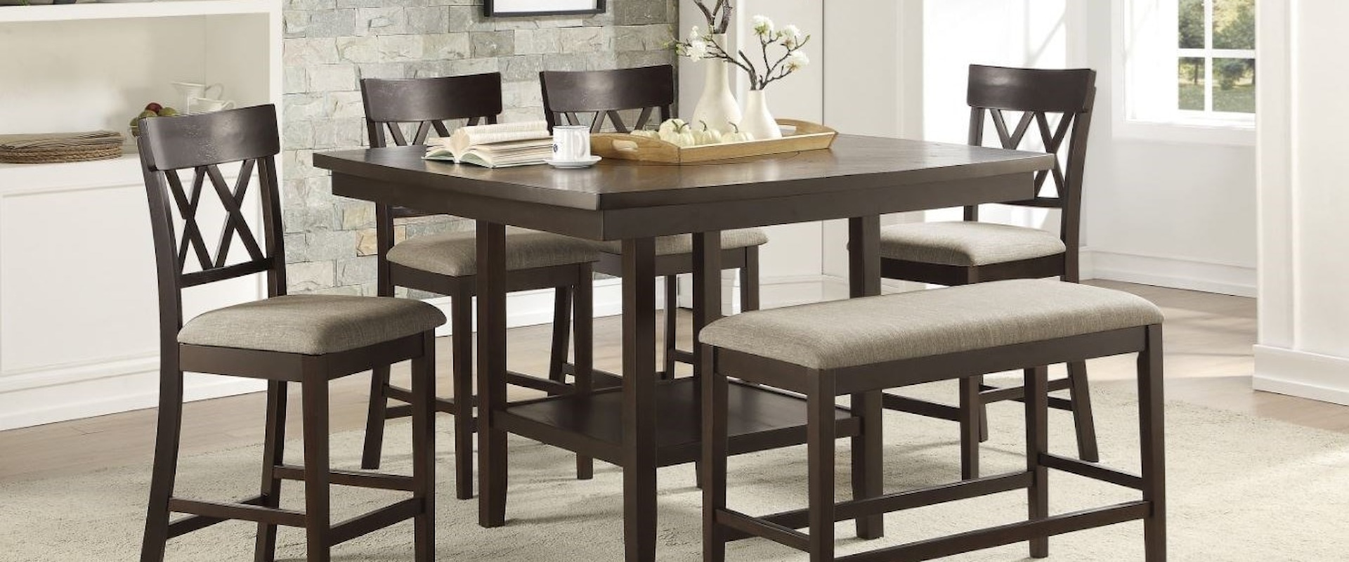 6-Piece Counter Height Table and Chair Set with Bench