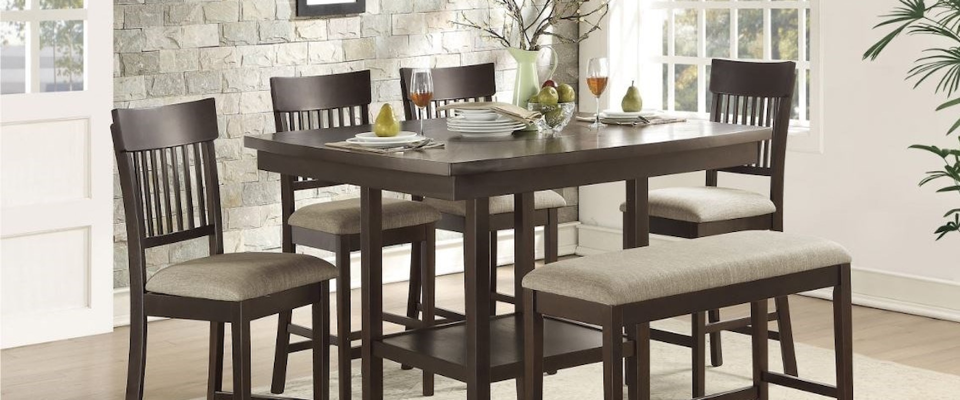 6-Piece Counter Height Table and Chair Set with Bench