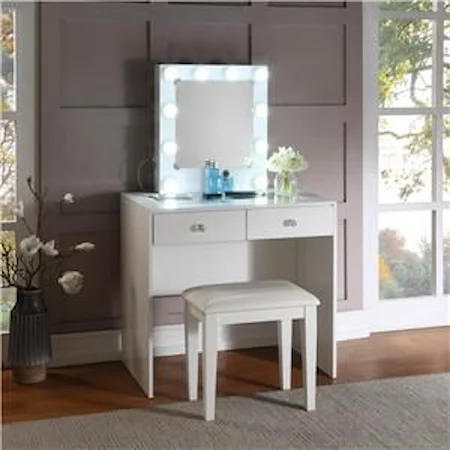 WHITE VANITY WITH 10 LIGHTS AND USB AND POWER OUTLET AND STOOL