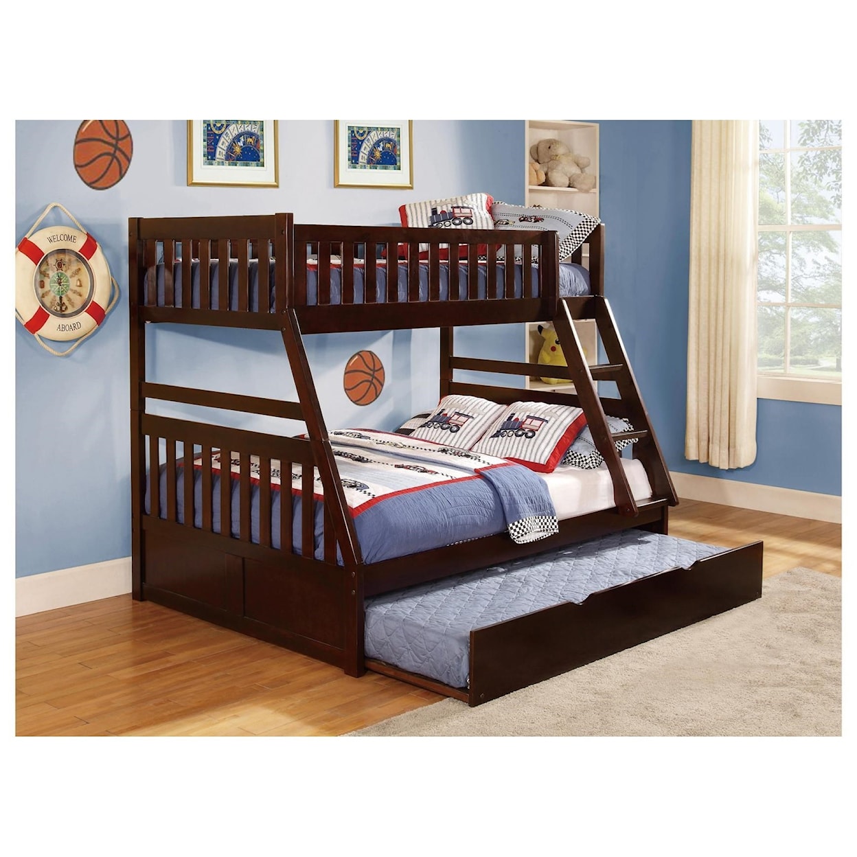 Home Style Cherry Twin Over Full Trundle Bunk Bed