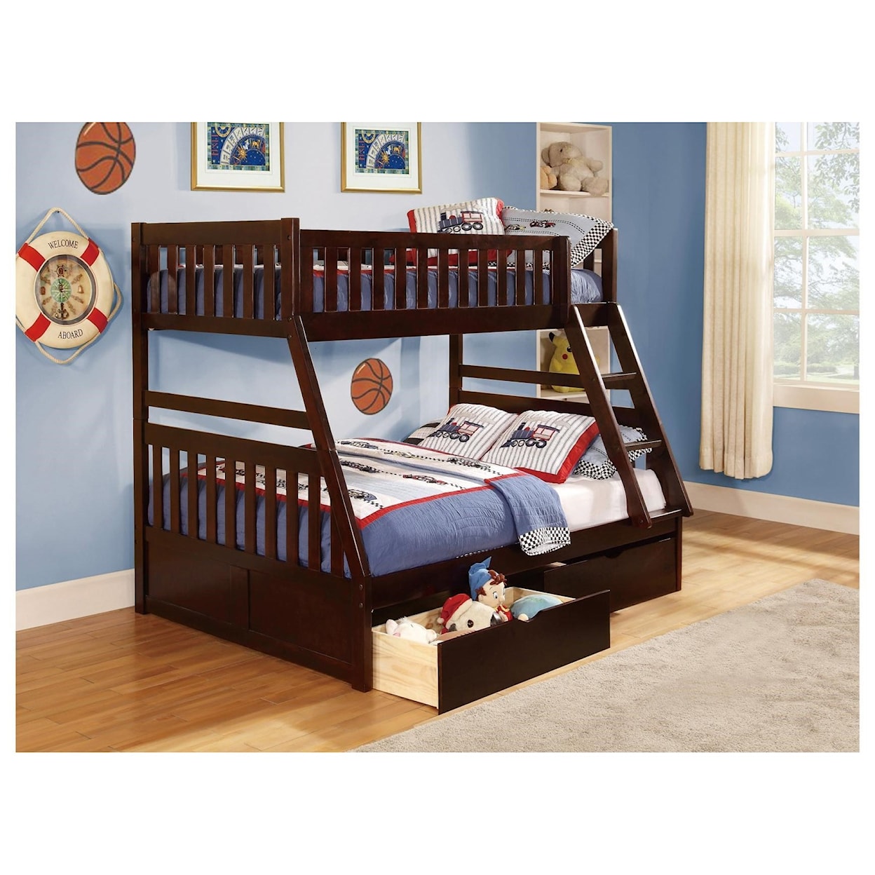 Home Style Cherry Twin Over Full Storage Bunk Bed