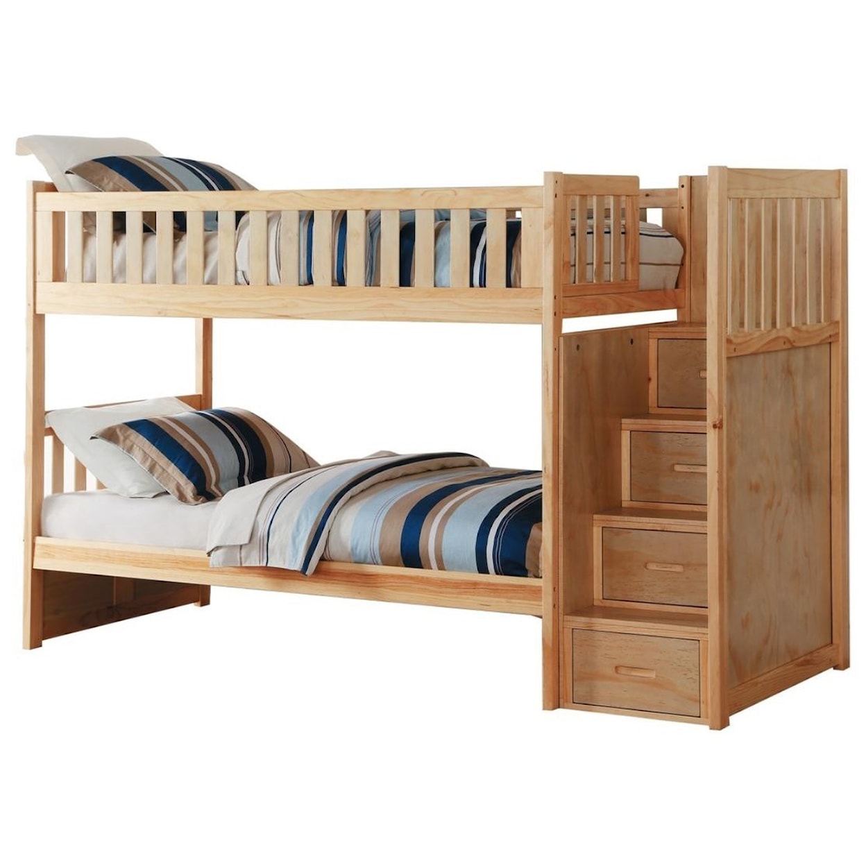 Home Style Natural Twin Over Twin Bunk Bed w/ Stair Storage
