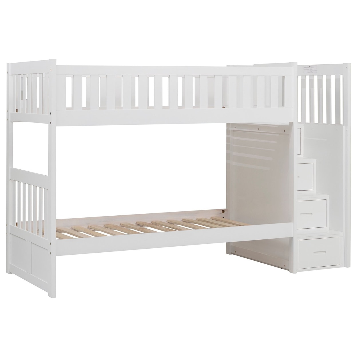 Home Style White Twin Over Twin Bunk Bed w/ Stair Storage