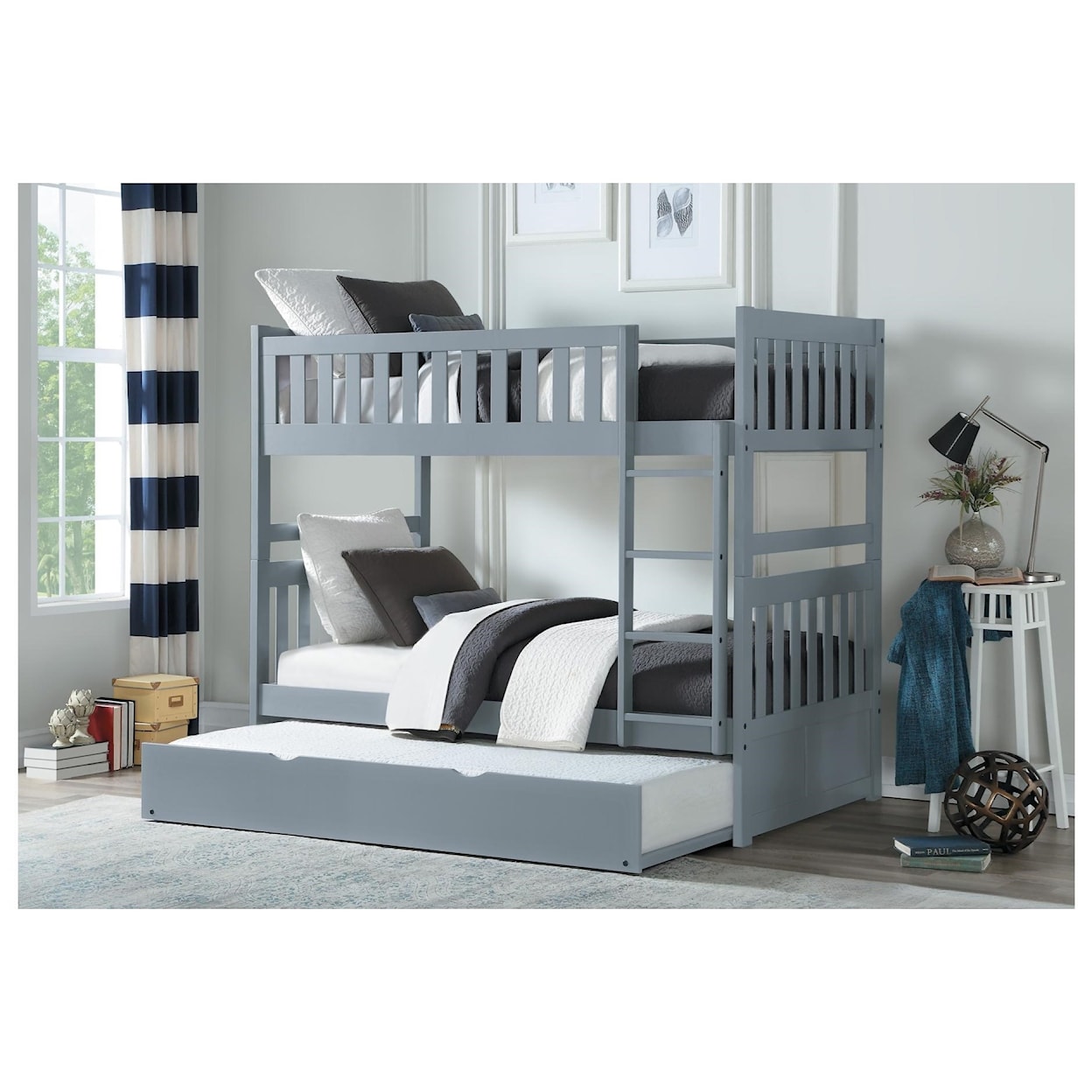 Home Style Gray Twin Over Twin Trundle Bunk Bed