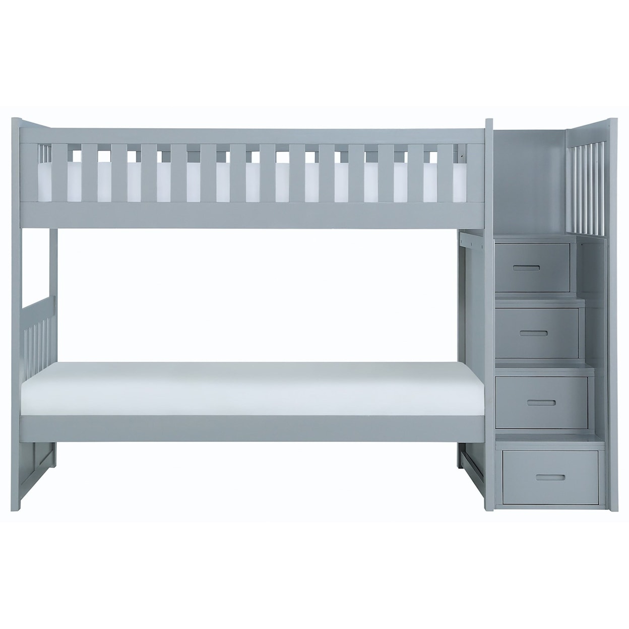 Home Style Gray Twin Over Twin Bunk Bed w/ Stair Storage