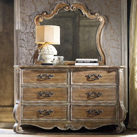 Traditional 6-Drawer Dresser with Scroll Motif Mirror