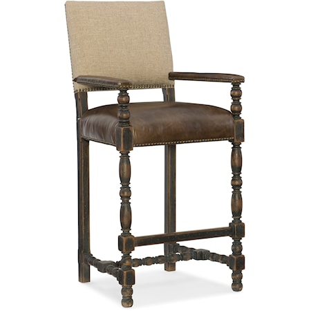 Traditional Upholstered Barstool with Leather Seat and Nailhead Trim
