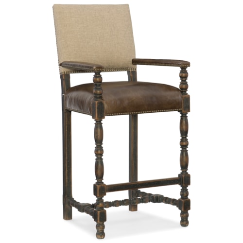 Traditional Upholstered Barstool with Leather Seat and Nailhead Trim