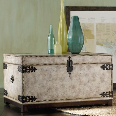 Antique Linen Trunk with Hinged Lift Lid, Nailhead Trim and Metal Corner Caps