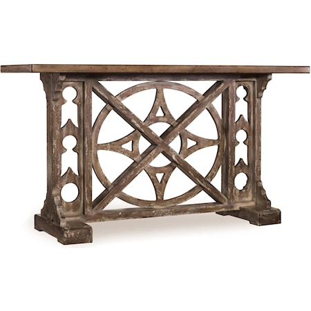 Transitional Console Table with Compass Motif Fretwork and Rustic Plank Top