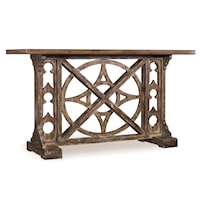 Transitional Console Table with Compass Motif Fretwork and Rustic Plank Top