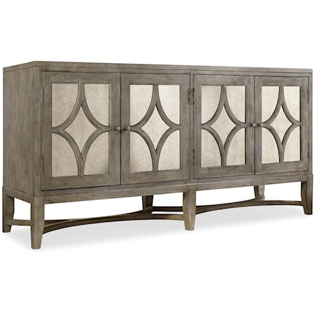 Transitional 4 Door Storage Console with Antique Mirror Accents