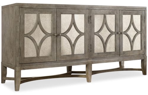 Transitional 4 Door Storage Console with Antique Mirror Accents