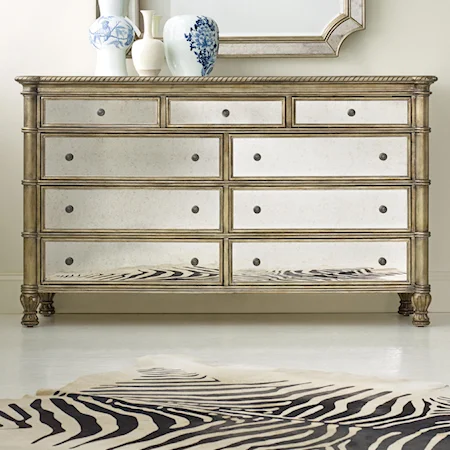 Transitional 9 Drawer Dresser with Antique Mirror Insets