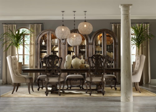Traditional Dining Set with Wood Back Side Chairs and 2 Tufted Chairs