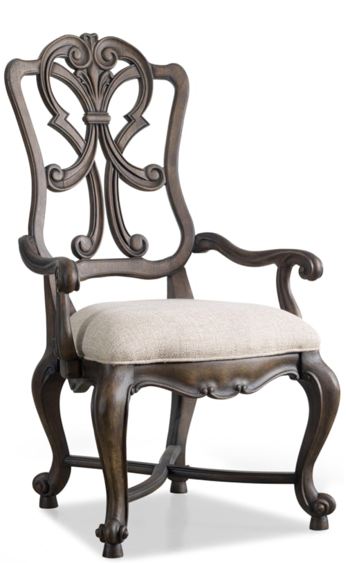 Traditional Exposed Scroll Back Dining Arm Chair with Upholstered Seat
