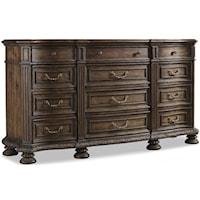 Traditional 12-Drawer Dresser with Fluted Columns and Decorative Wood Carving Details