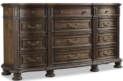 Traditional 12-Drawer Dresser with Fluted Columns and Decorative Wood Carving Details