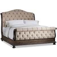 Queen Size Tufted Sleigh Bed with Exposed Wood Frame
