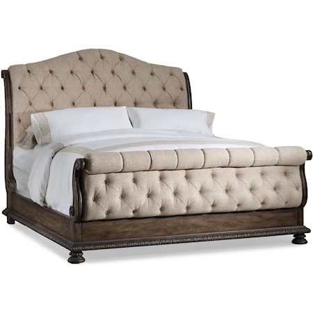 Queen Size Tufted Sleigh Bed with Exposed Wood Frame