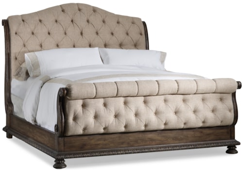 King Size Tufted Sleigh Bed with Exposed Wood Frame
