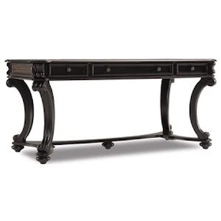 Writing Desk with Arc Leg and Stretcher Base, Embossed Leather Inserts and Brass Nailhead Trim