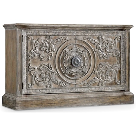 Global Two-Door Accent Console with Carved Floral Patterned Front