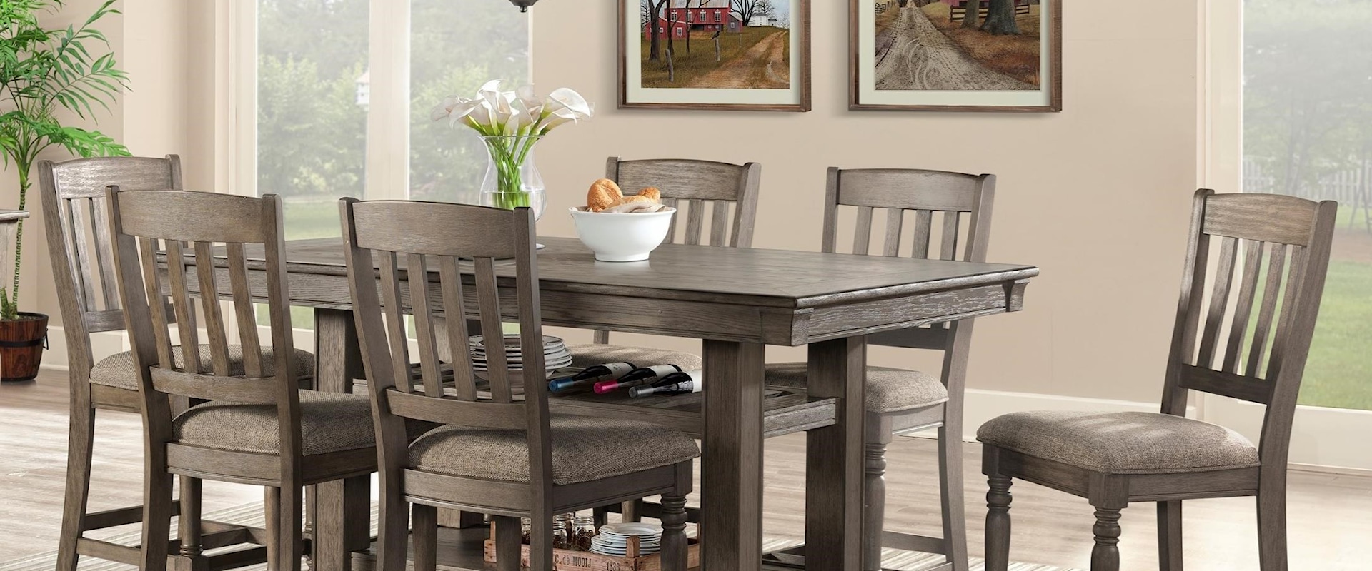 Transitional 7 Piece Dining Set with Lower Shelving