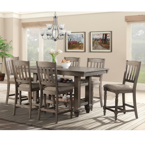 Traditional 7-Piece Counter Height Dining Set with Lower Shelving
