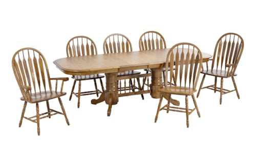 Trestle Table with Two Wide Curved Arrow Arm Chairs and Four Wide Curved Arrow Side Chairs