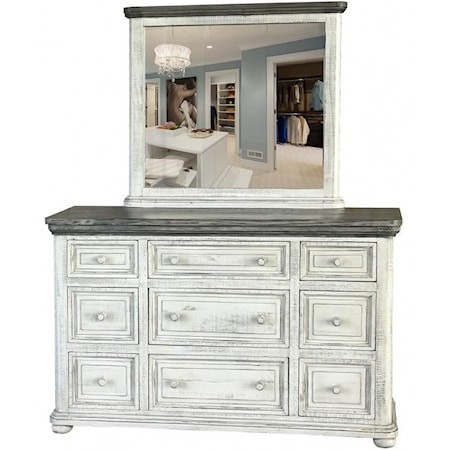 Transitional Solid Wood 9 Drawer Dresser and Mirror