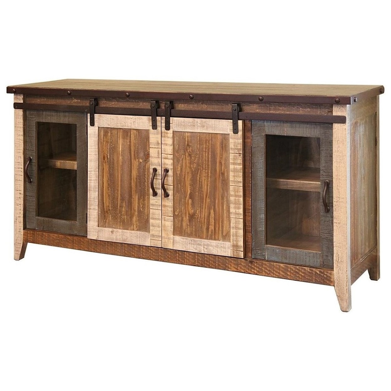 International Furniture Direct 900 Antique 70" TV Stand with Sliding Doors