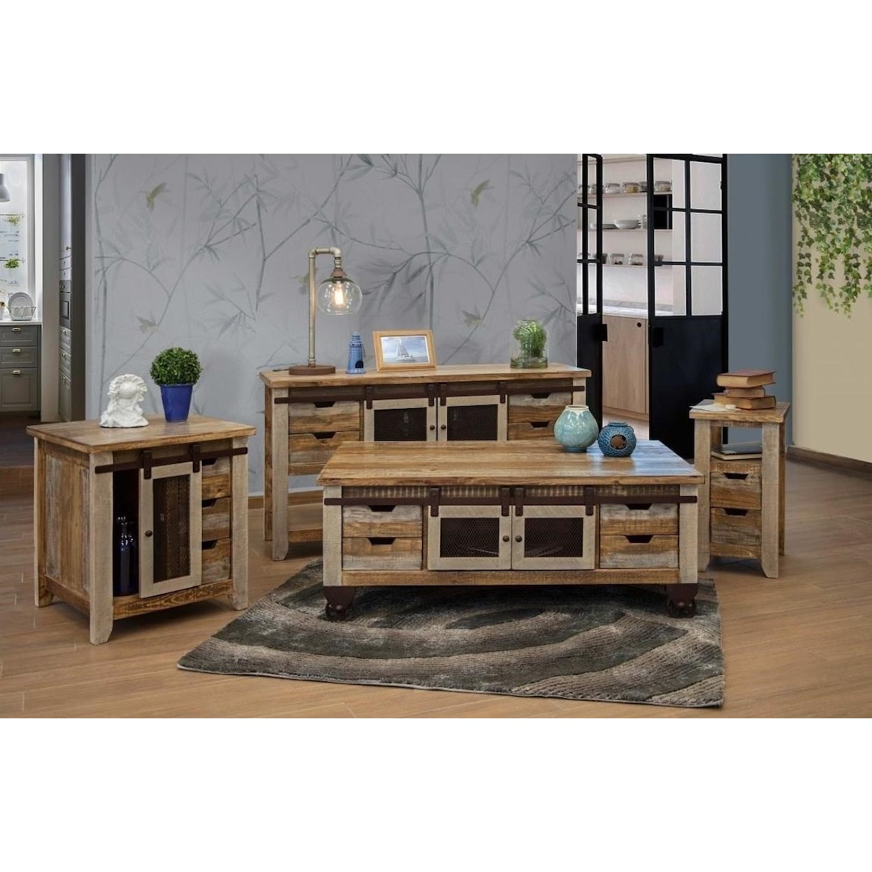 International Furniture Direct 900 Antique Cocktail Table with 4 Doors and 8 Drawers