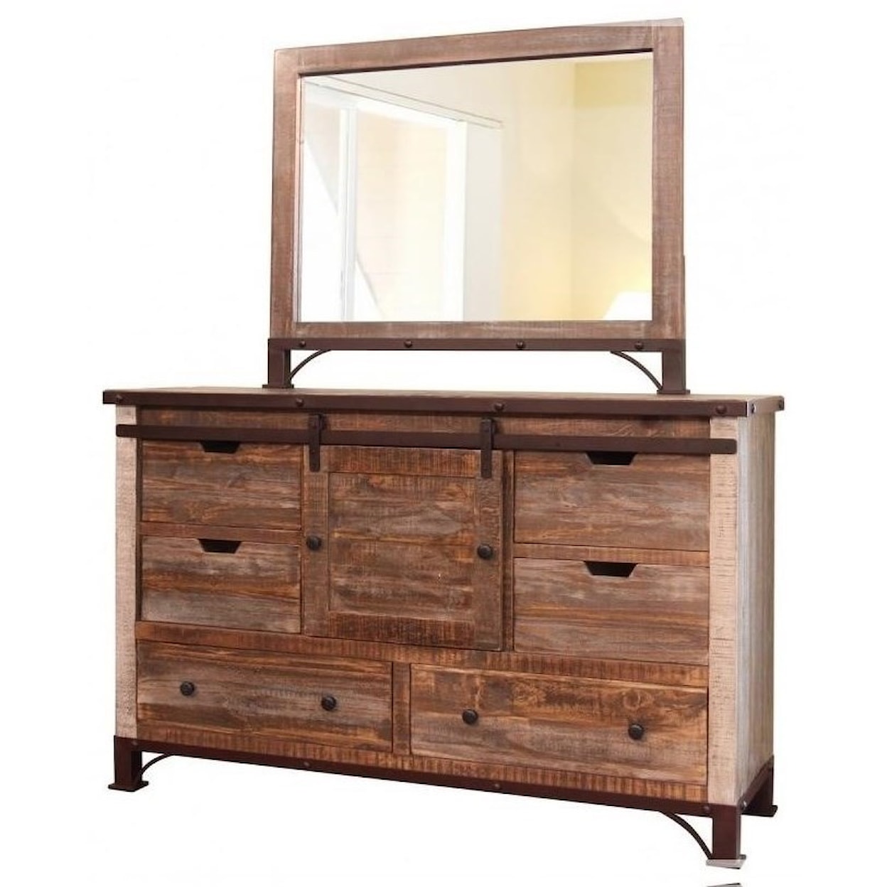 International Furniture Direct 900 Antique Six Drawer Dresser with Sliding Door