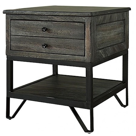 Contemporary Solid Wood End Table with Hand Wrought Iron Legs
