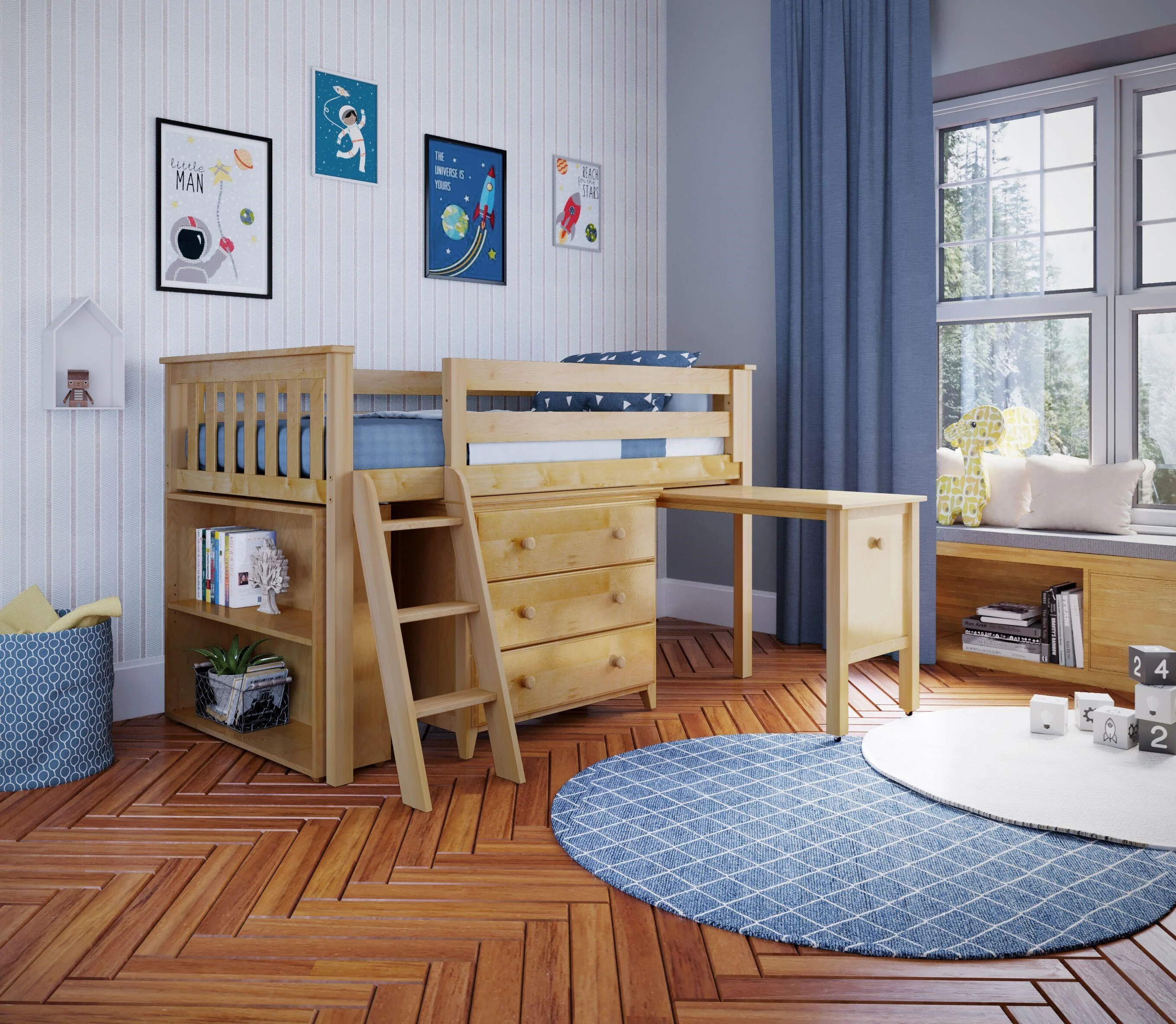 Jackpot Kids Loft Beds Windsor2-001 Windsor Twin Low Loft Bed Set w/ 3 ...