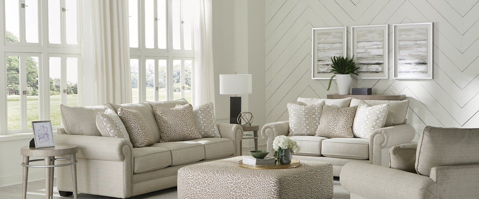 Transitional 4-Piece Living Room Set with Rolled Arms and Ottoman